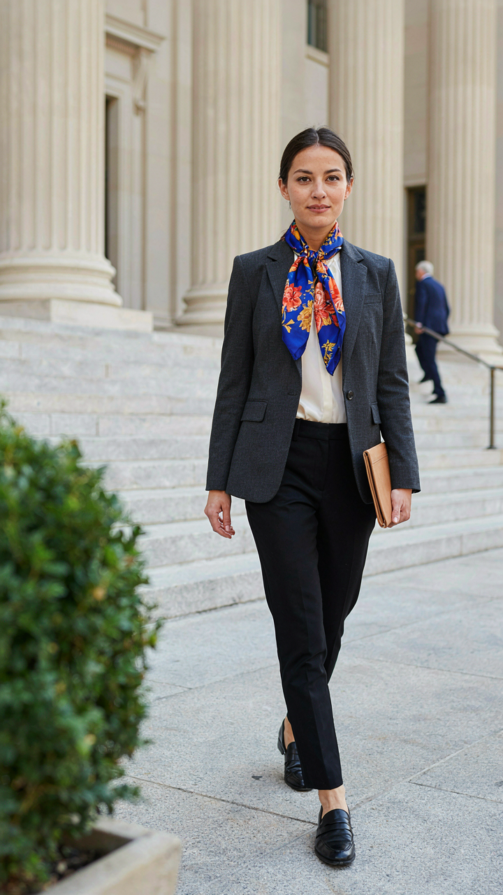 Person confidently walks from a courthouse with a vibrant silk scarf.