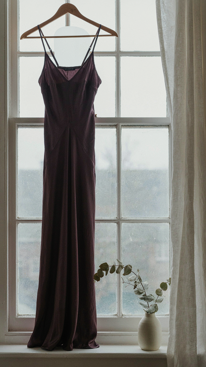 A deep plum dress hanging in a window with soft, diffused winter light.