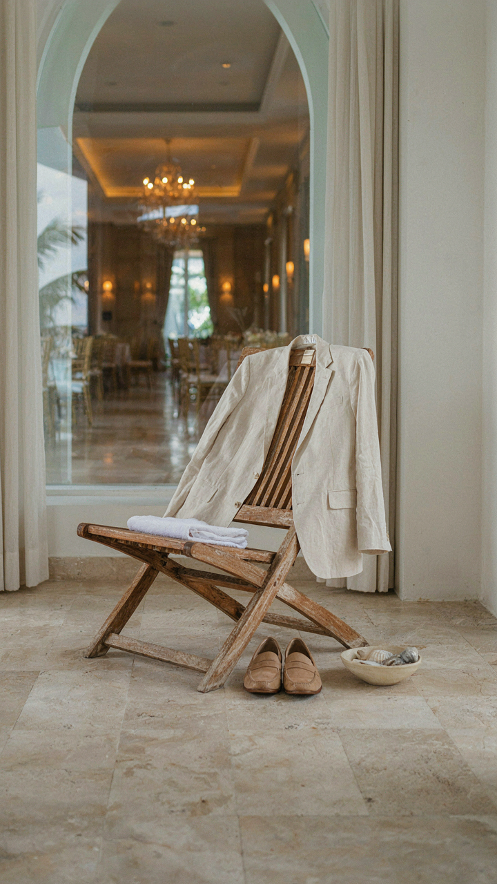 A linen suit jacket rests on a chair on a beach, a ballroom seen in the distance.