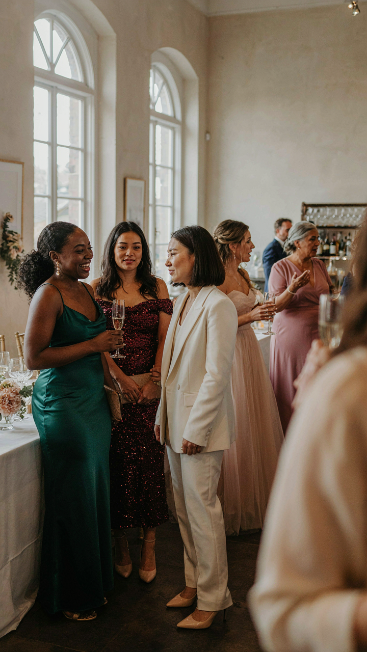 Stylish women socialize at a wedding reception, wearing different dresses.