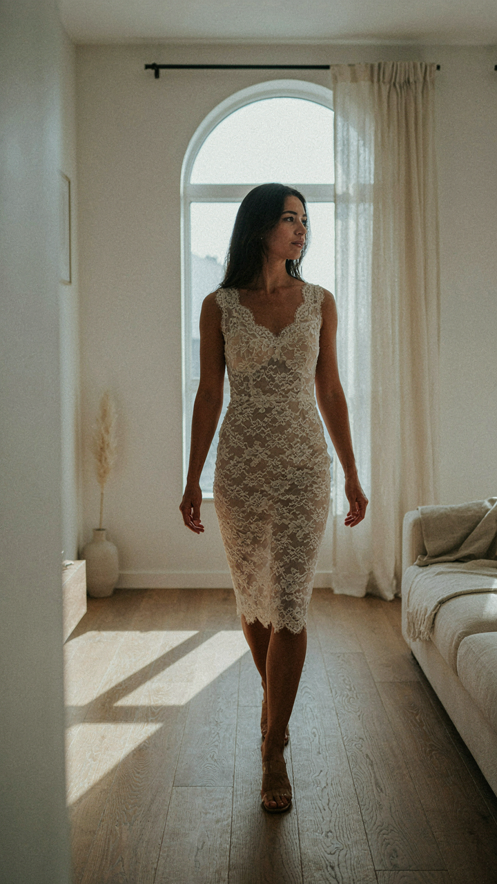 A woman walks confidently, her sheer lace cocktail dress moving with her.