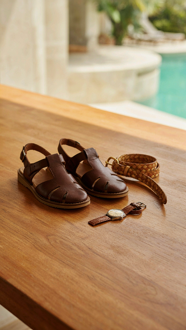 Leather sandals, a woven belt, and a watch for resort dinner attire.