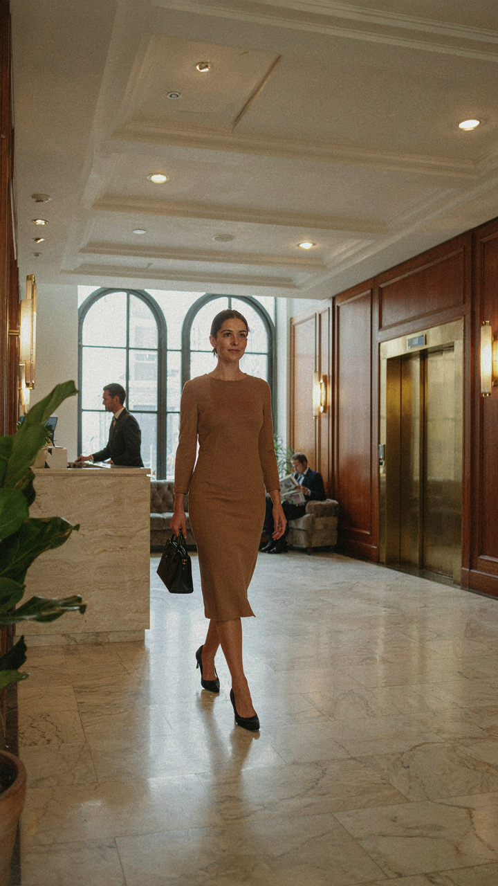 A woman in a polished dress enters an upscale hotel lobby.
