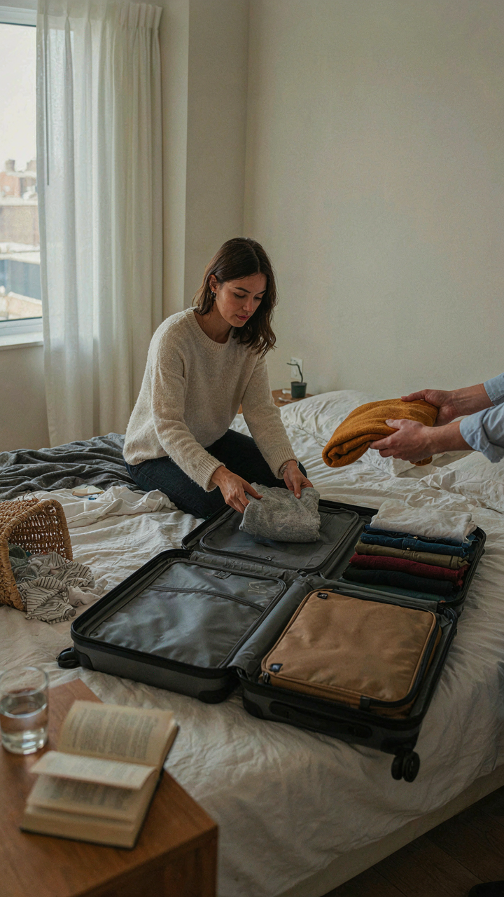 A person puts dirty clothes into a packing cube in an open suitcase.