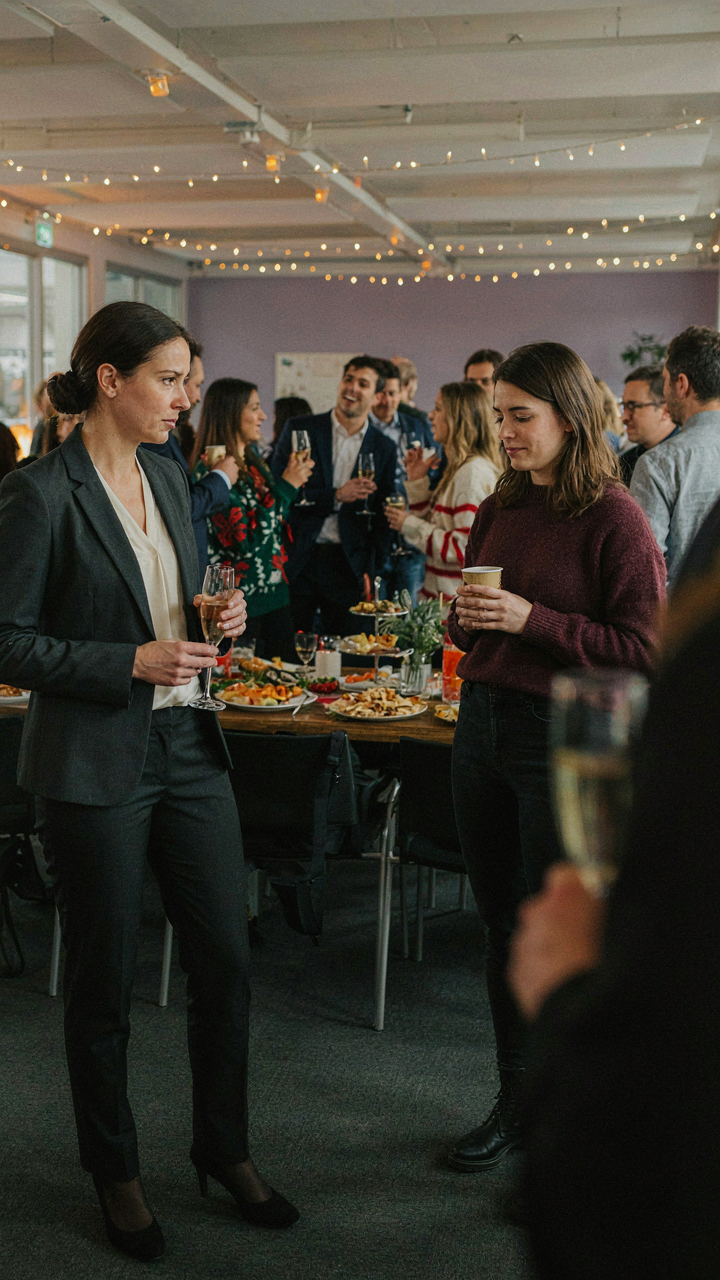 A boss observes an employee's outfit at an office Christmas party.