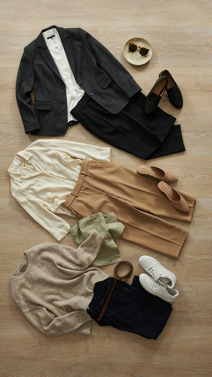 A neatly organized wardrobe shows versatile clothing items styled in multiple ways.