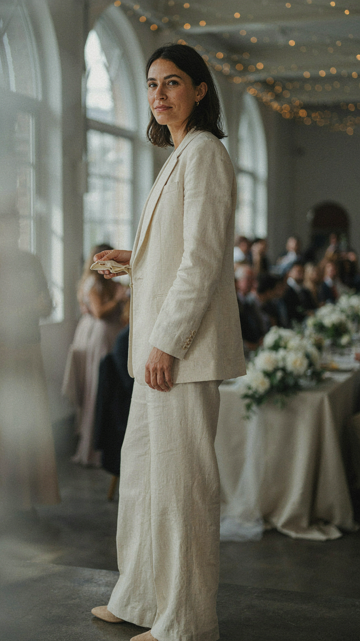 A woman in a cream linen suit stands comfortably at a wedding reception.