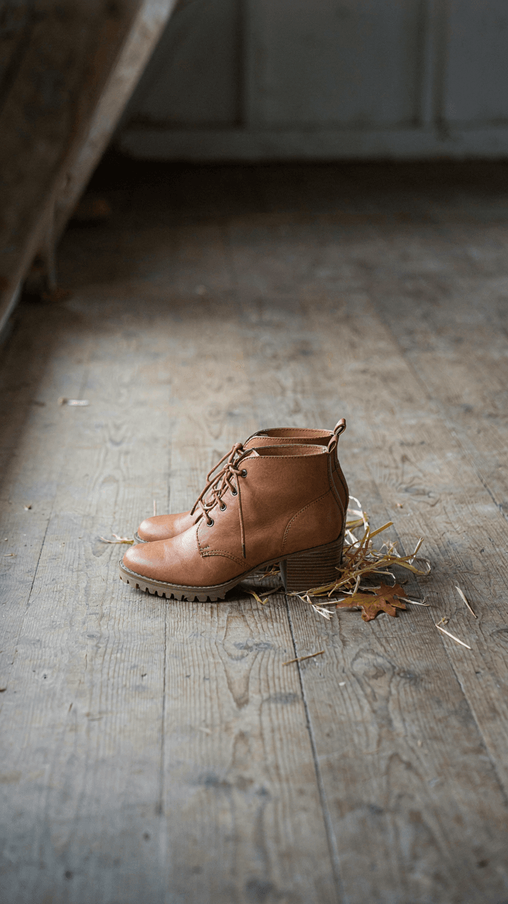 Stylish low-heeled leather boots with good tread on a barn floor.