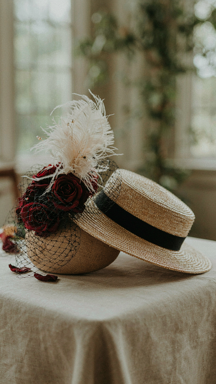 An ornate fascinator next to a simple straw sun hat.