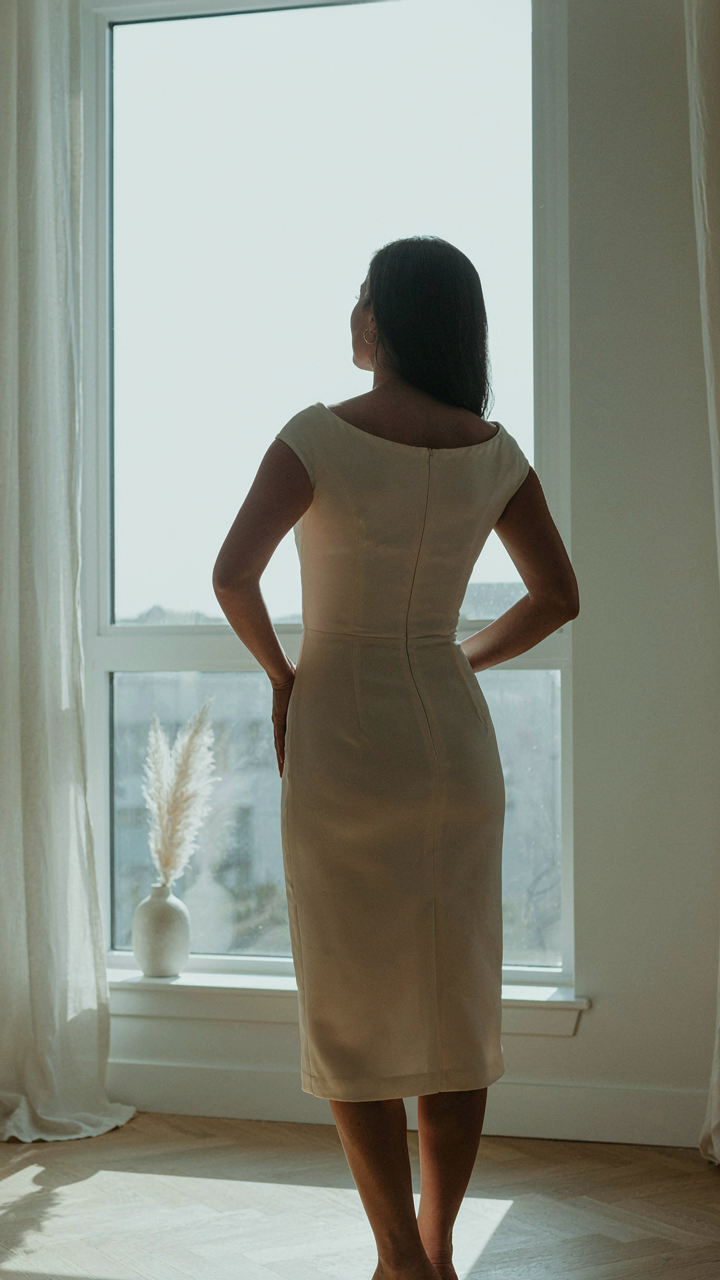Woman's confident silhouette in a boat neck cocktail dress against a bright window.