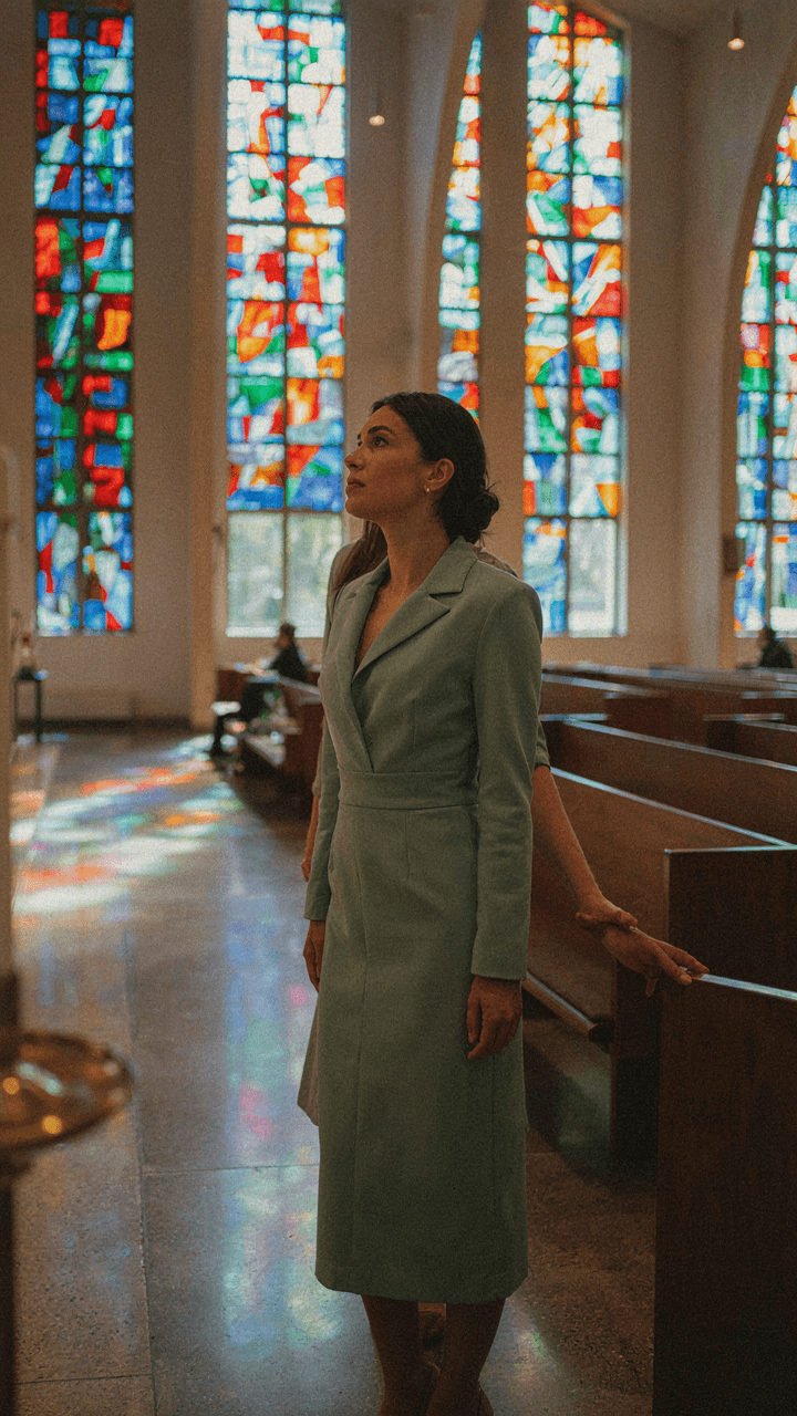 A guest wears a tailored sage green church wedding guest dress in a modern church.