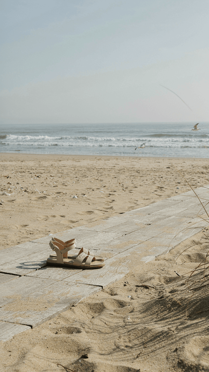 Elegant, neutral-toned performance sandals on a wooden boardwalk near a beach.