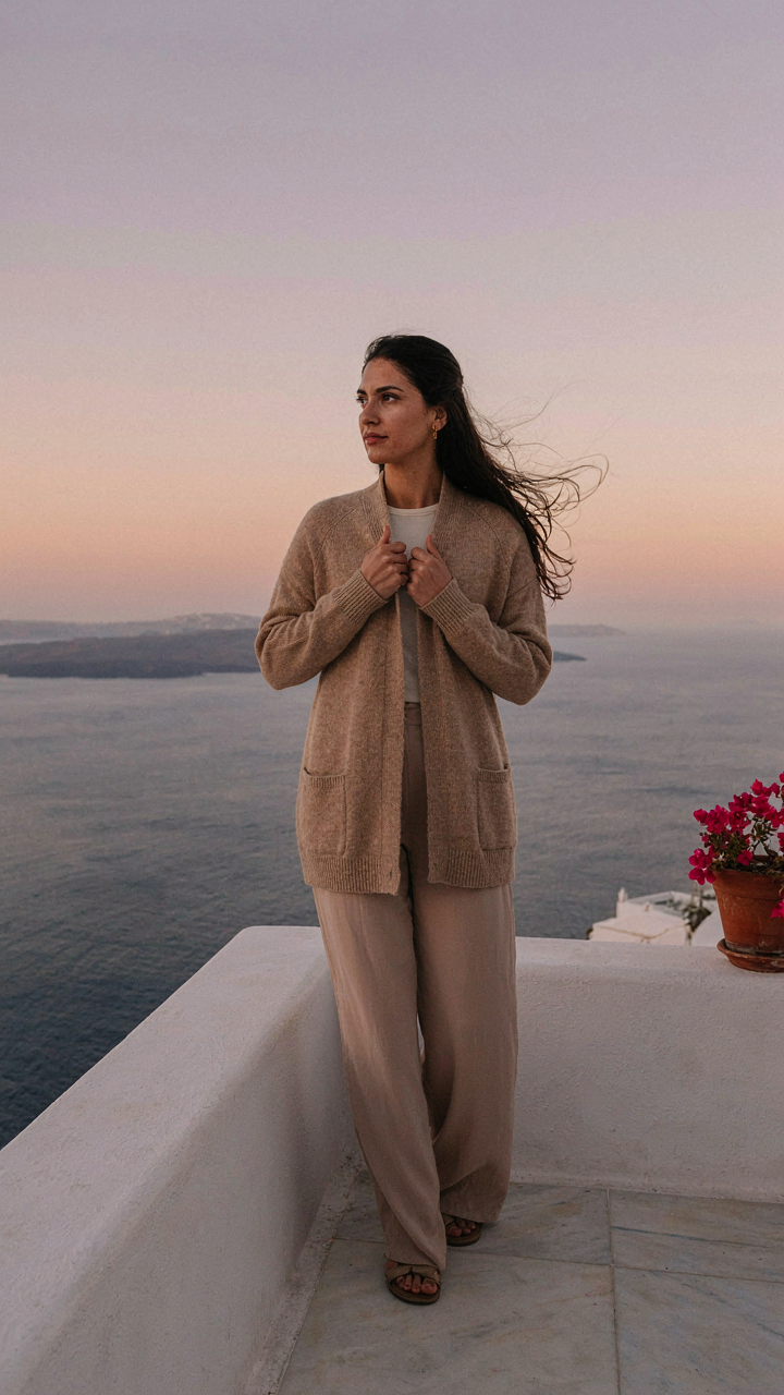 Woman putting on a merino wool cardigan on a Santorini balcony at sunset.