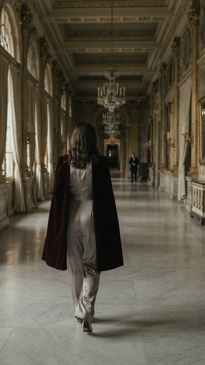 A woman in a silver satin jumpsuit wears a dark velvet cape in a grand hall.