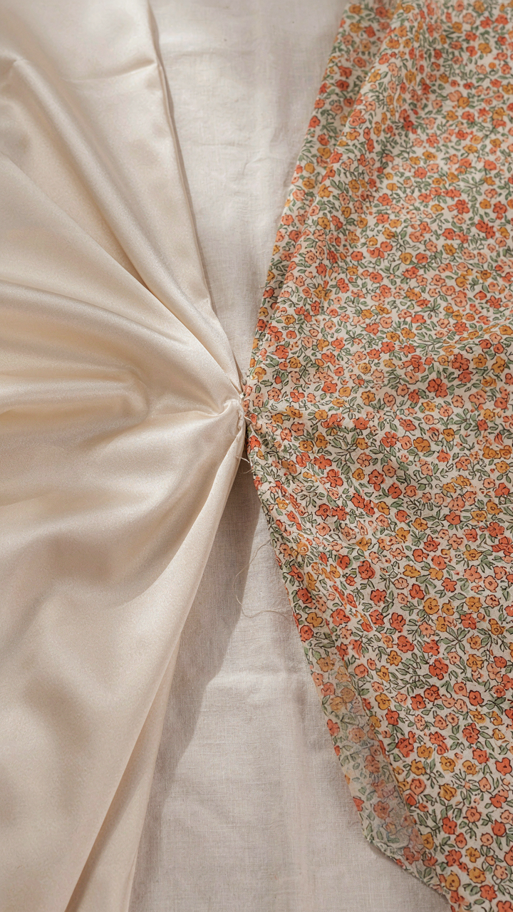 Lustrous satin fabric draped next to floral fabric.