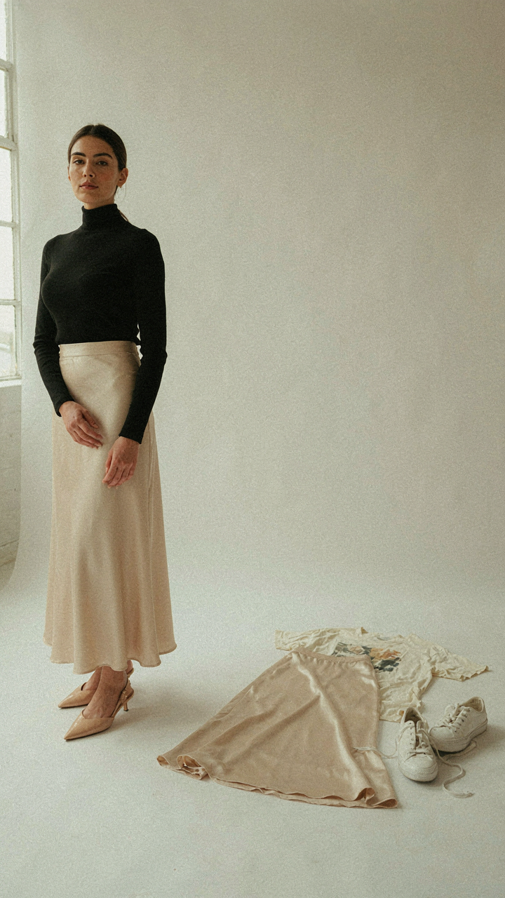 A satin skirt shown in two contrasting outfits, formal and casual.