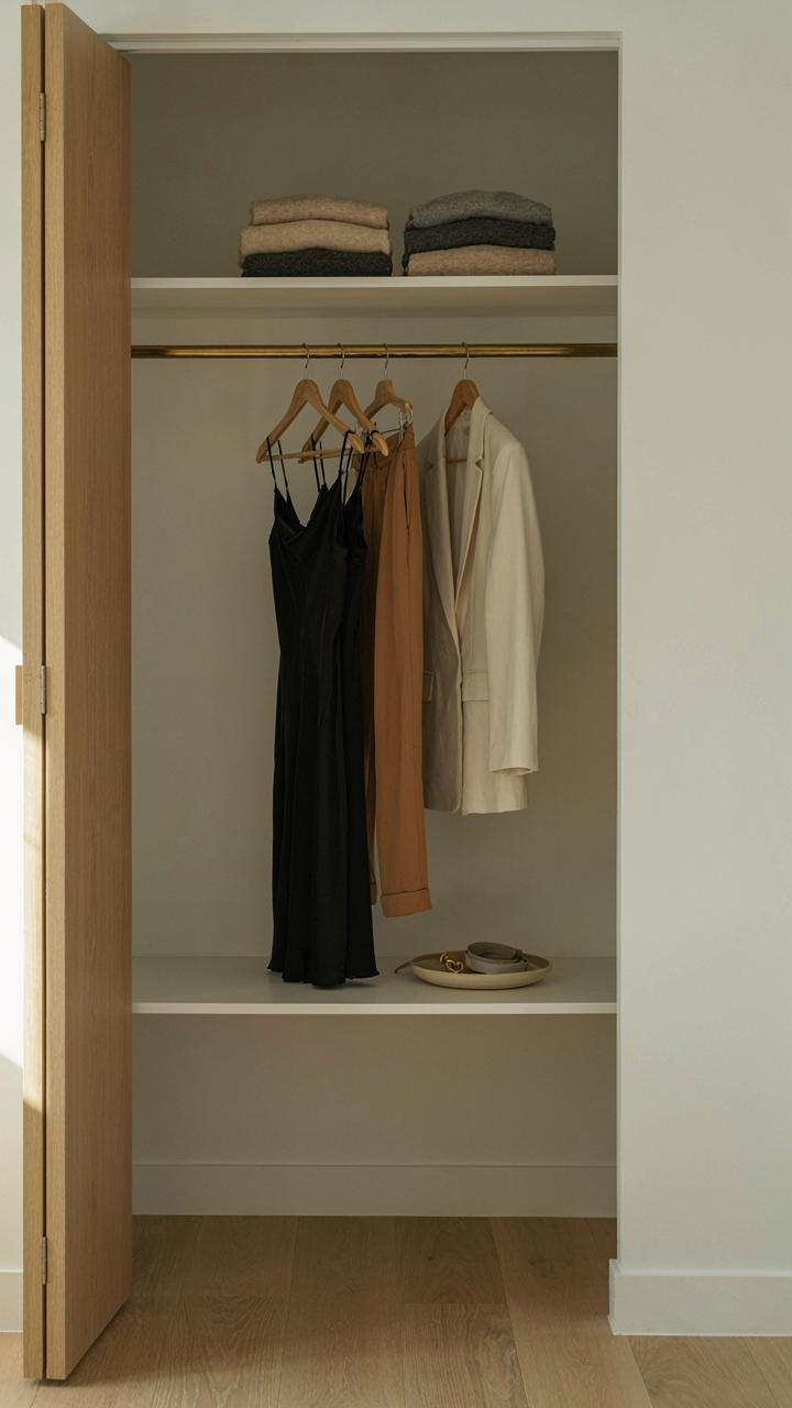 An open closet shows a curated collection of versatile, high-quality neutral clothes.