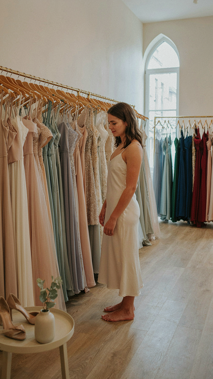 A woman looks at many beautiful rent a wedding guest dress options.