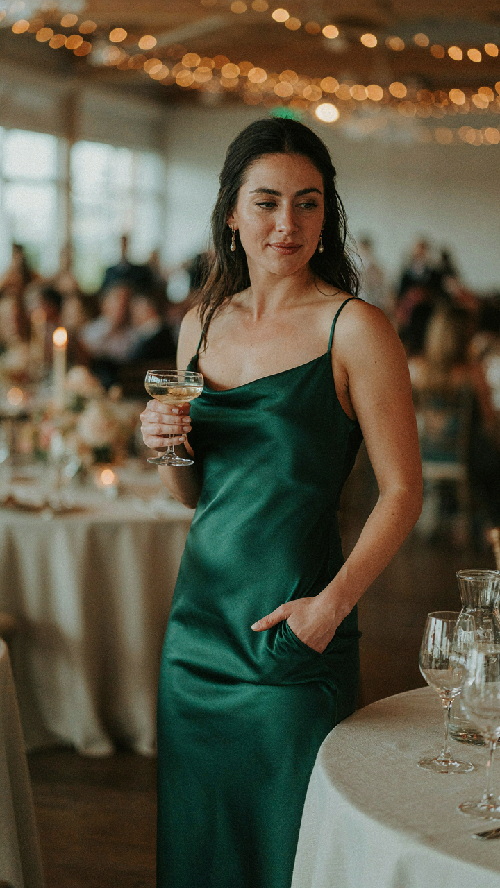 Woman at a wedding reception, holding a drink, hand in her dress pocket.