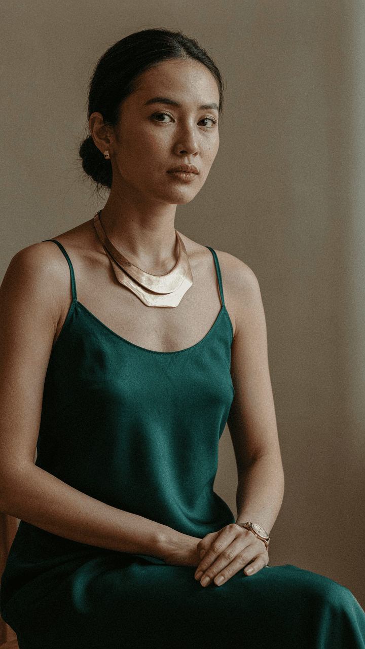 Woman wears a bold statement necklace with a simple dress.