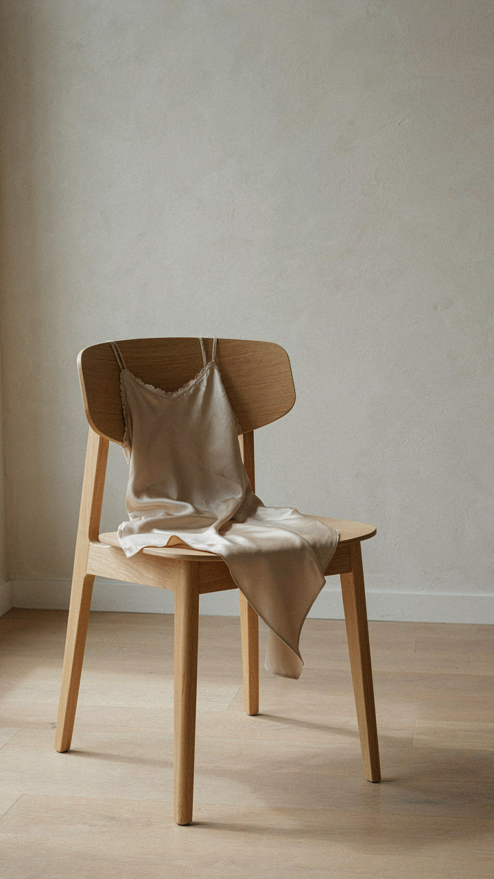 A single, exquisite silk camisole drapes over a minimalist chair in a clean room.