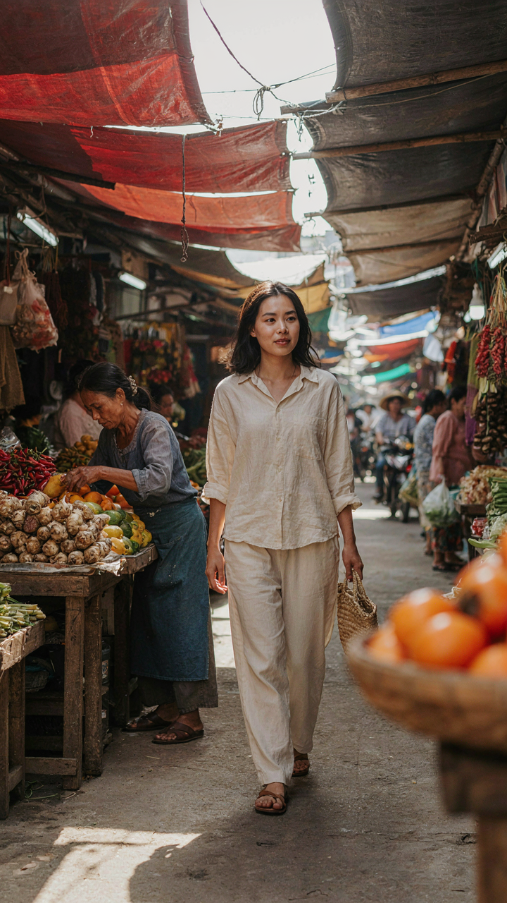 A person in a linen outfit walks through a vibrant market.