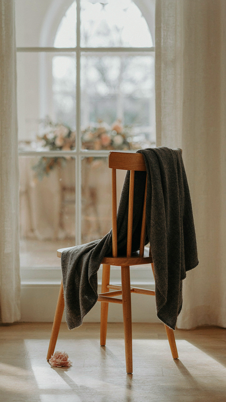 A charcoal cashmere shawl draped over a chair in a well-lit indoor venue.