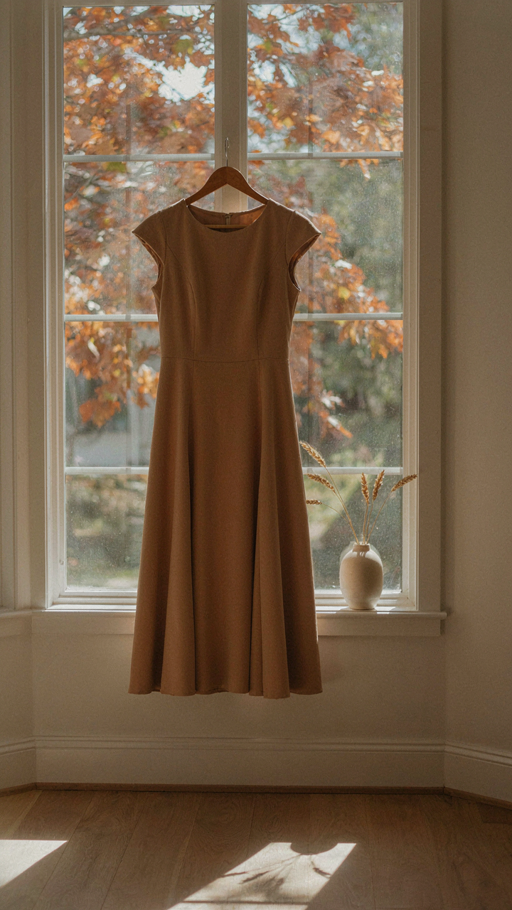 A structured wool crepe dress hangs, with autumn leaves in the background.