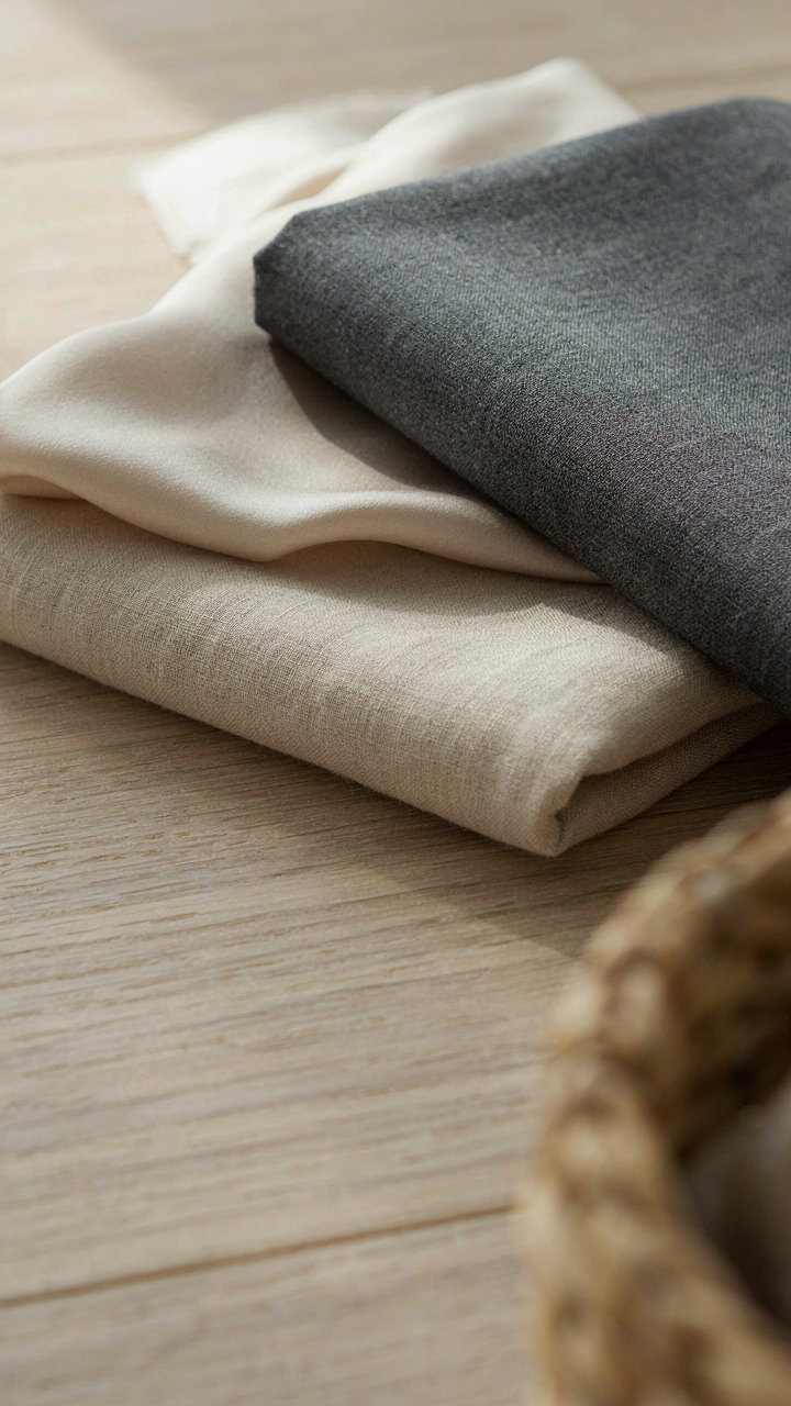 A stack of different fabrics, including linen, silk, and wool, sits in sunlight.