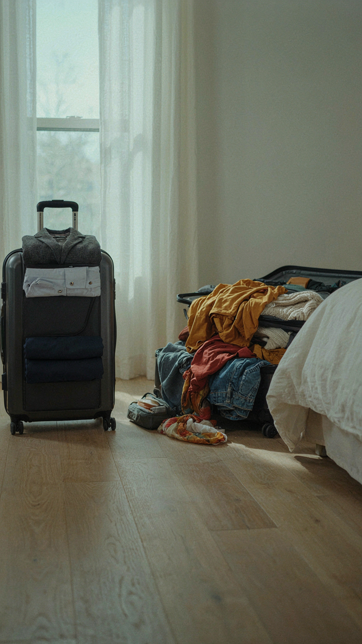 A small, neat suitcase next to a messy, overpacked one.