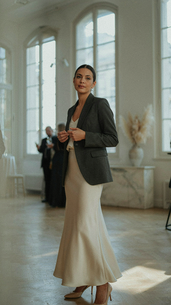 A confident woman in a tailored blazer and flowing skirt in a sophisticated event space.