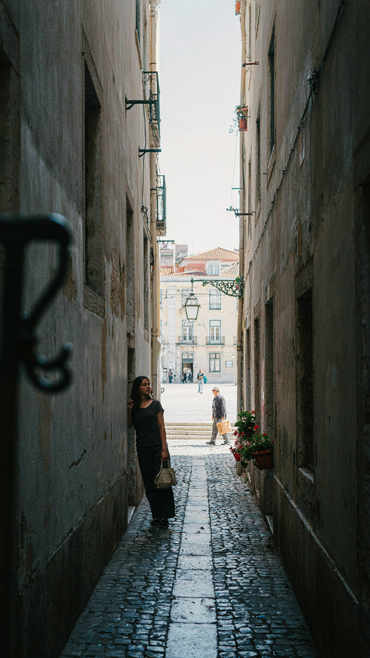 A narrow, cool medieval alley opens onto a brightly sunlit plaza in Lisbon.