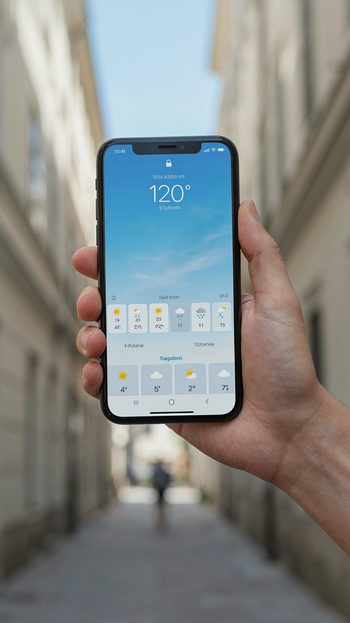 A hand holds a smartphone showing a detailed weather forecast for a September wedding.