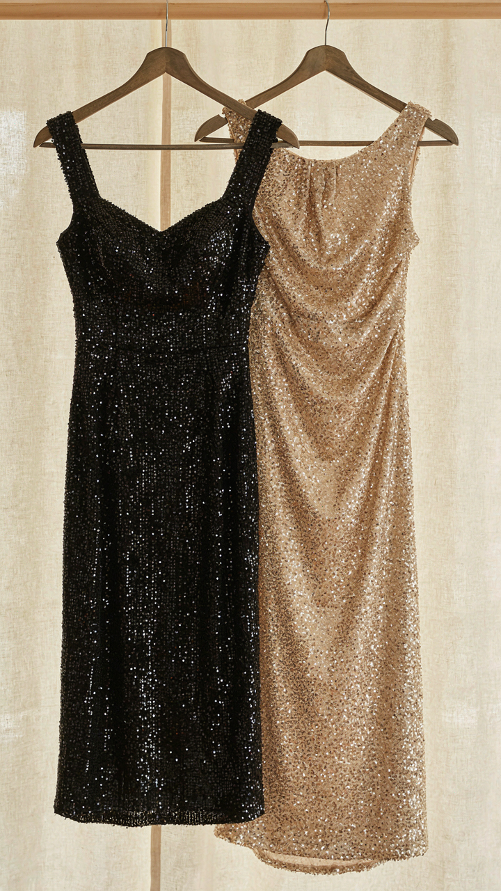 A fitted sequin sheath dress next to a flowing, draped sequin dress.