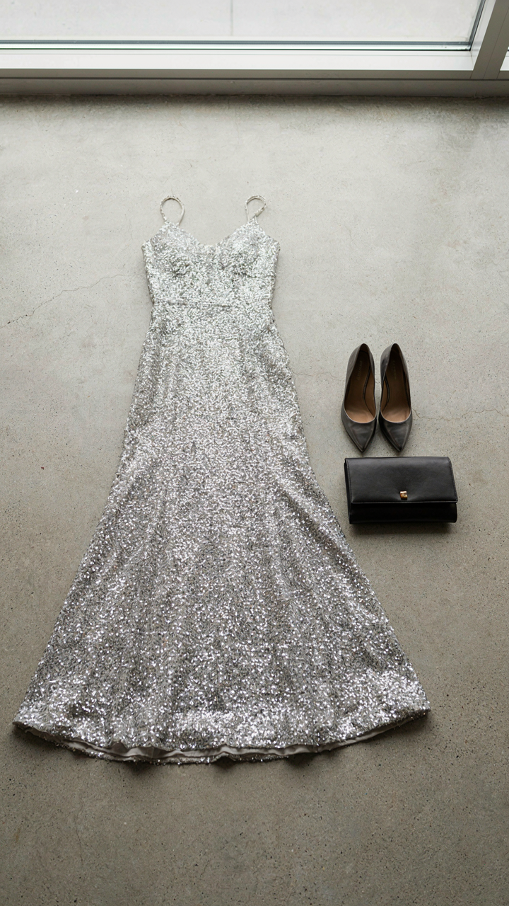 A sequin dress with simple metallic high heels and a black clutch.