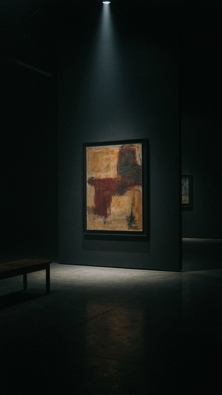 A spotlight illuminates a framed artwork in a dimly lit art gallery.
