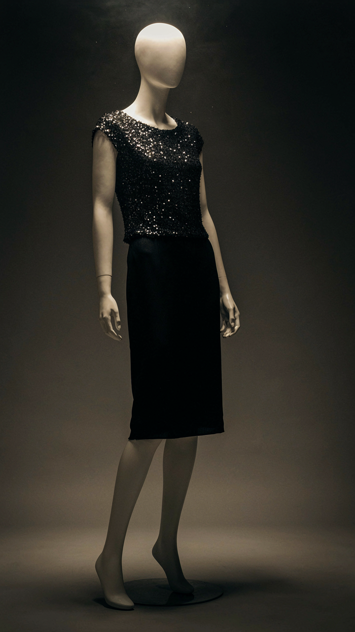 A cocktail dress with sequins on the bodice, contrasting with a plain matte skirt.
