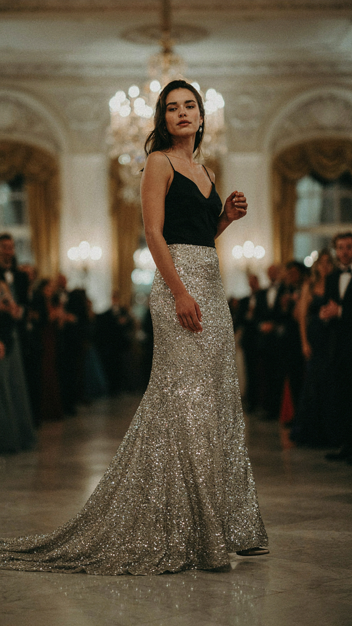 A woman in a long sequin skirt glides elegantly into a grand room.