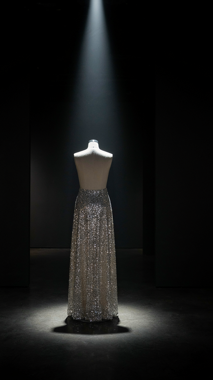 A sequin skirt glows under a spotlight in a dark gallery, showing light reflection.