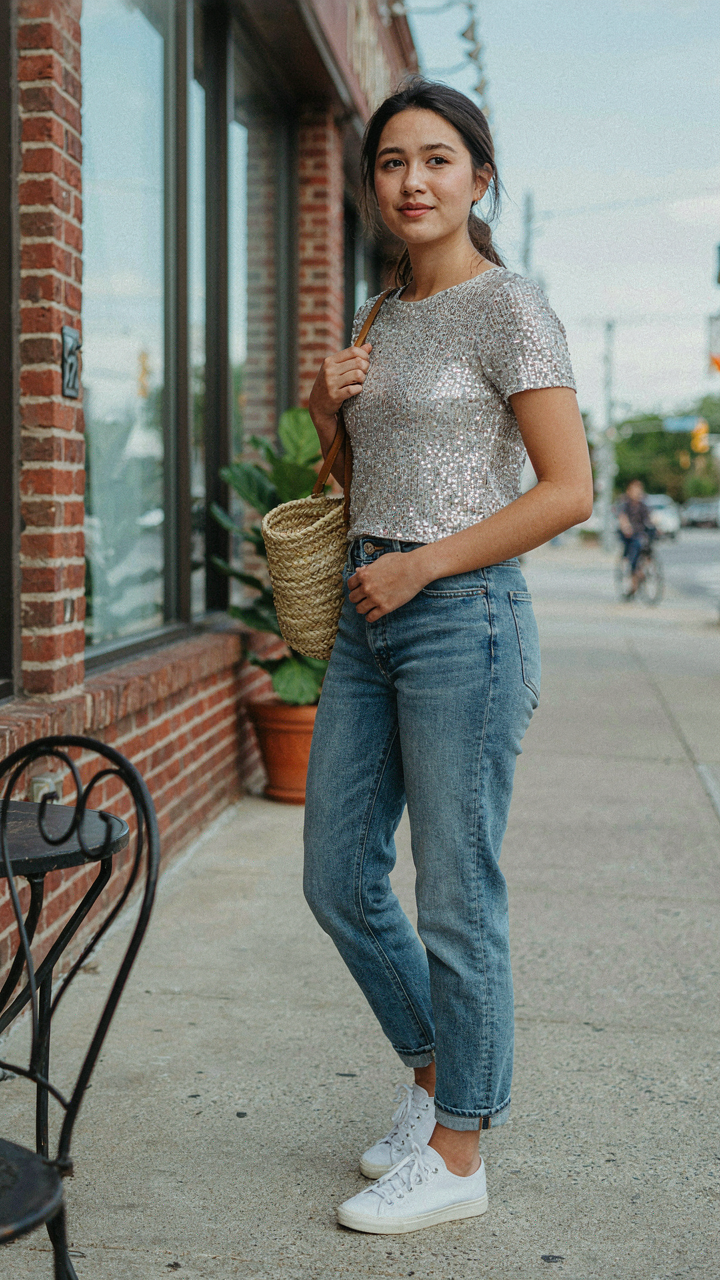 A woman in a sequin top with casual jeans and sneakers, looking mismatched.