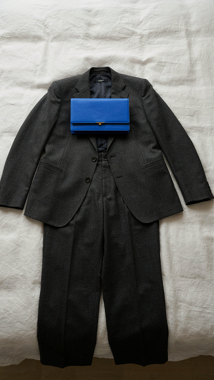 A monochrome matching set has a vibrant structured clutch bag as an accent.