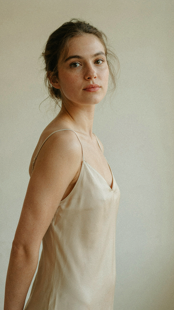 A woman with a mussed updo and a slightly askew slip dress looks confident.