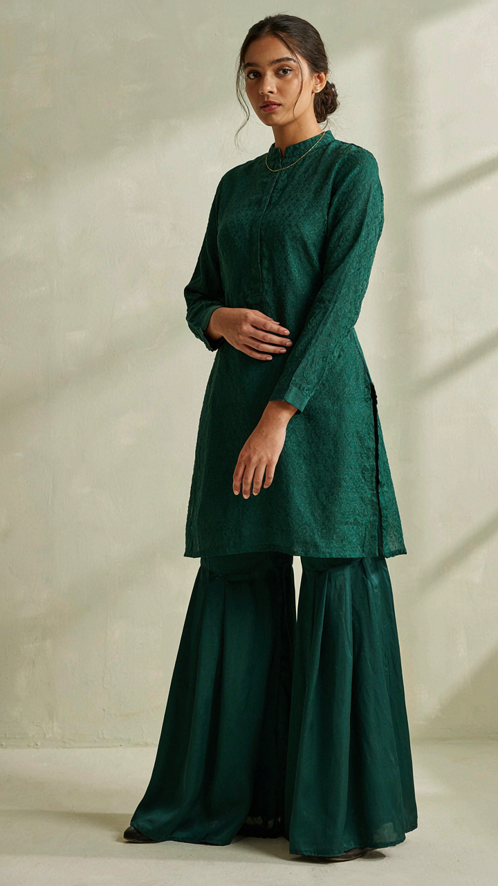 A model wears a modern sharara set with a fitted kurta and wide-legged pants.