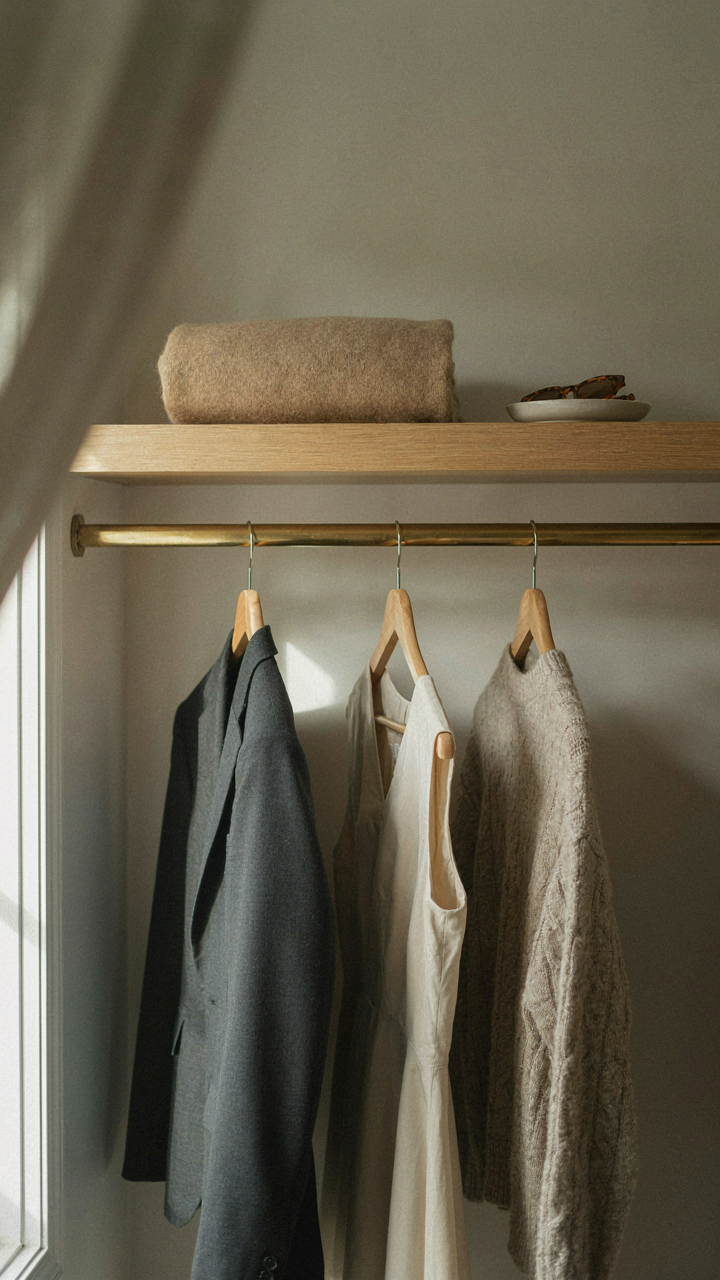 A fine wool shawl is folded in a wardrobe, ready for various outfits.