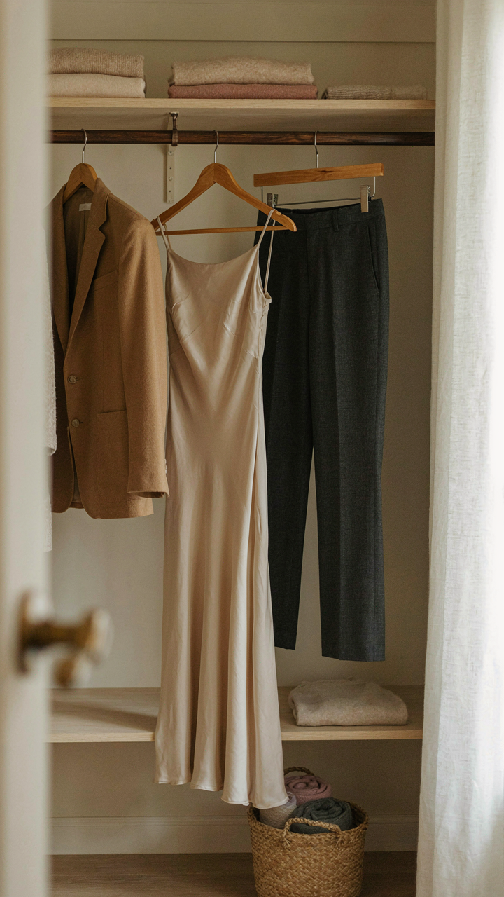 A versatile mid-length dress hanging in a closet with other clothes.
