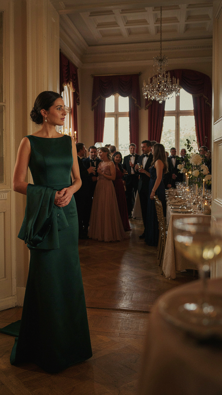 A woman holding a jacket, observing a ballroom of formally dressed guests.