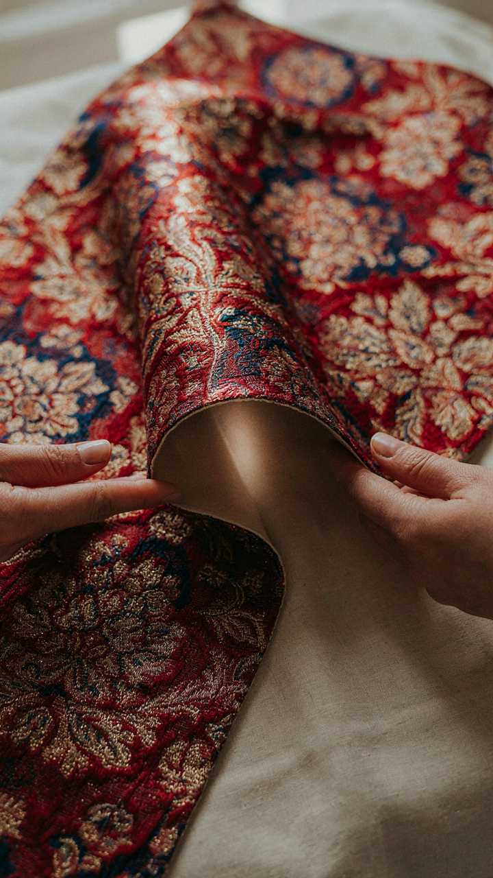 Hands peel back patterned fabric, showing simple silk beneath.