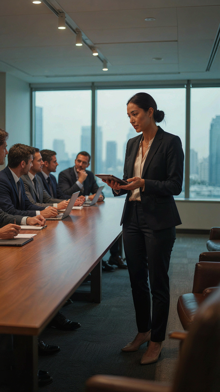 Woman in a polished business casual outfit presenting in a boardroom.