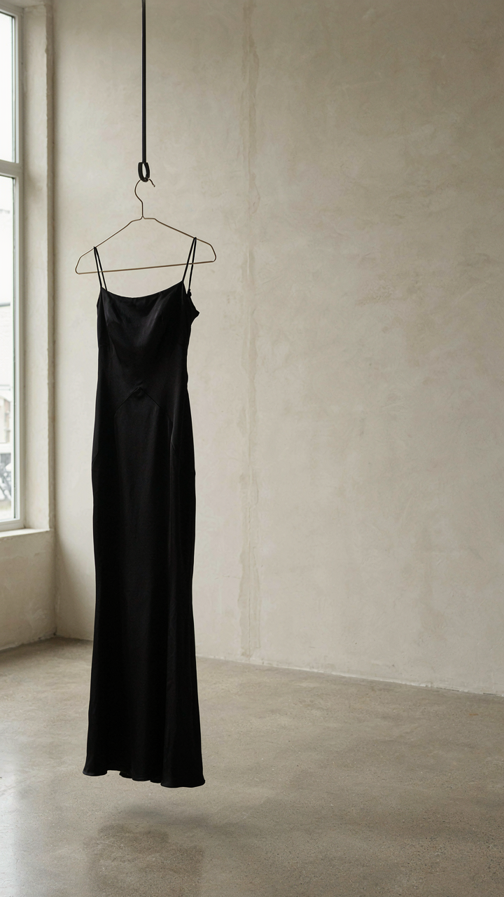 A simple black silk charmeuse column dress on display.