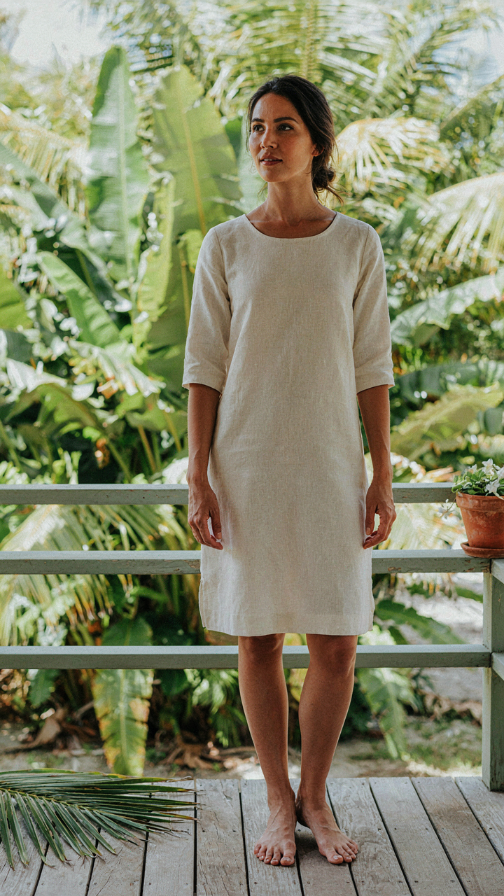 A woman in a tailored linen dress stands confidently on a tropical veranda.